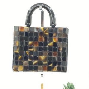 Vintage 1980's Black Satin & Natural Brown Horn Mosaic Evening Bag ||